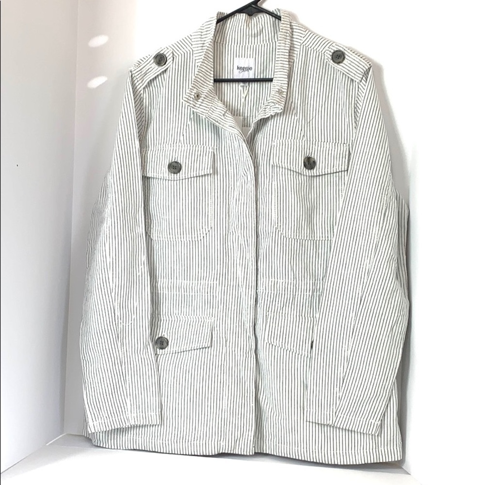 Kensie Jeans Military Style Strip White Jacket. Black White. Size L. Classy